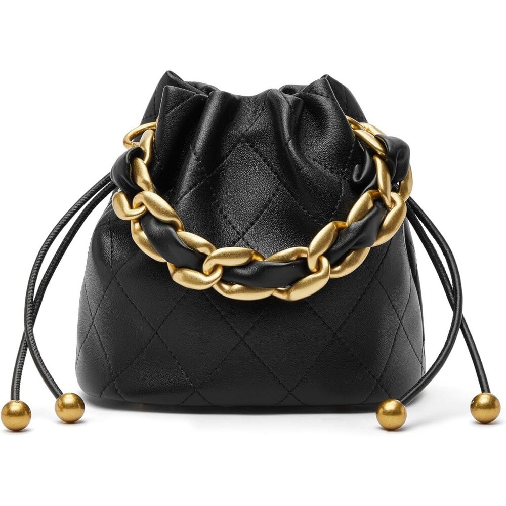 Women Black Elegant Caramel Crochet Purse Gold Chain Shoulder Bag